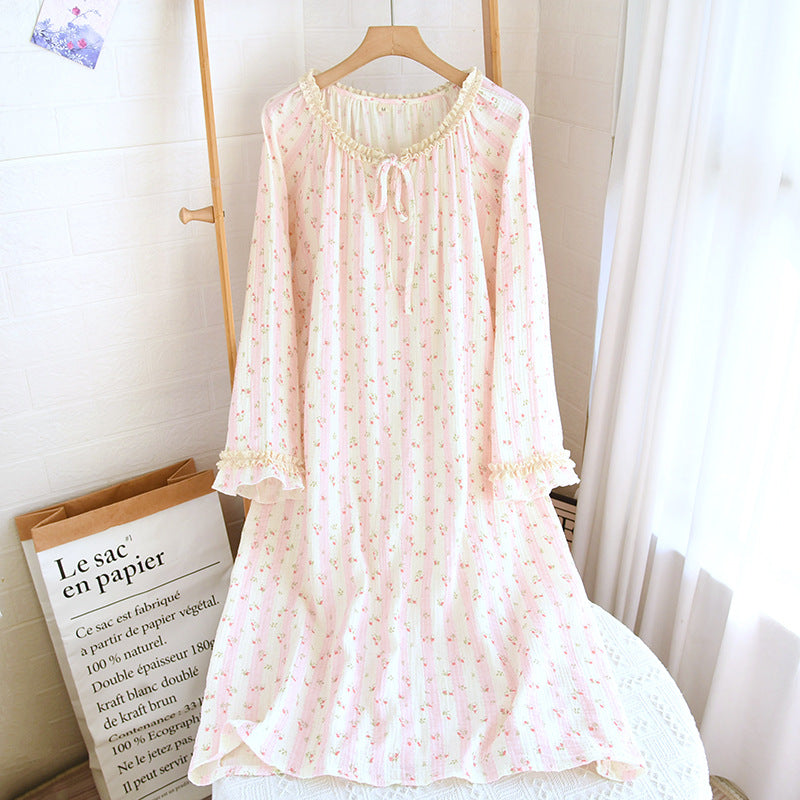 Spring and Summer Long Sleeve Round Neck Lace Sweet Long Dress Women's Thin Cotton Loose Outer Wear Small Floral Home Dress
