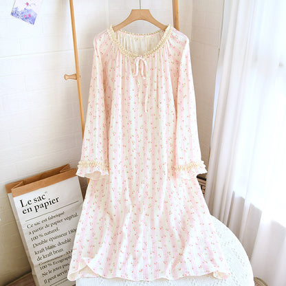 Spring and Summer Long Sleeve Round Neck Lace Sweet Long Dress Women's Thin Cotton Loose Outer Wear Small Floral Home Dress