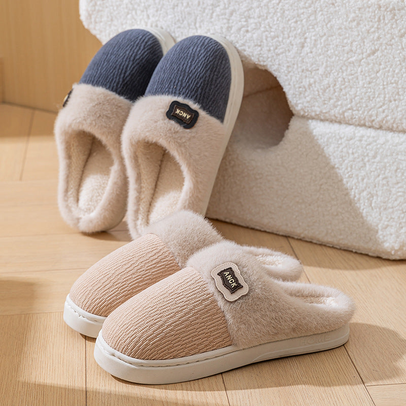 Cotton Slippers for Women, Fashionable Winter Indoor Home Non-Slip Plush Warm Couple Style Fleece-Lined Thick-Soled Cotton Slippers for Men
