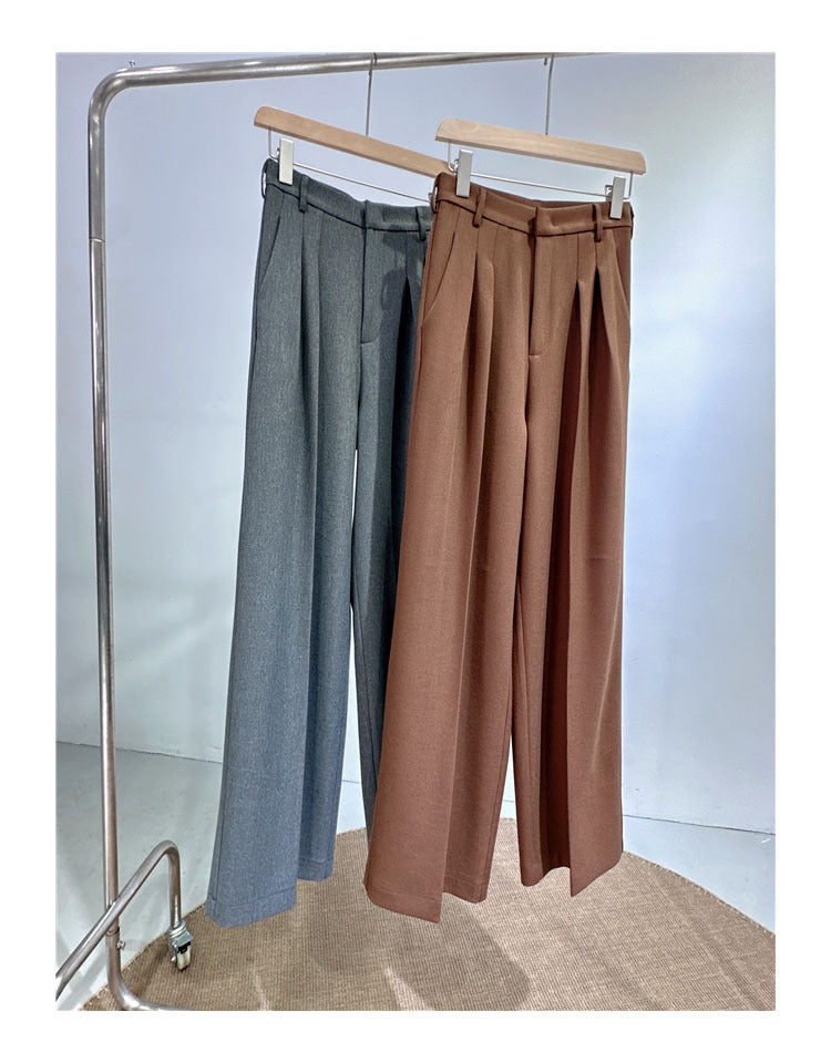 Spring and Autumn New Style Old Money Style Brown Coffee Color Suit Pants for Women, Wide-Leg Pants with Drape Effect, Slimming, Extended Length for Tall Individuals, Straight-Leg Pants