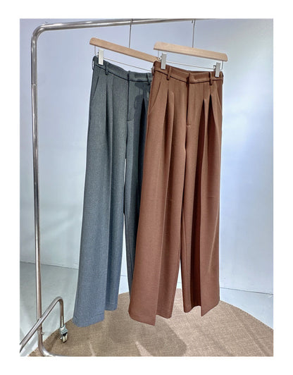 Spring and Autumn New Style Old Money Style Brown Coffee Color Suit Pants for Women, Wide-Leg Pants with Drape Effect, Slimming, Extended Length for Tall Individuals, Straight-Leg Pants