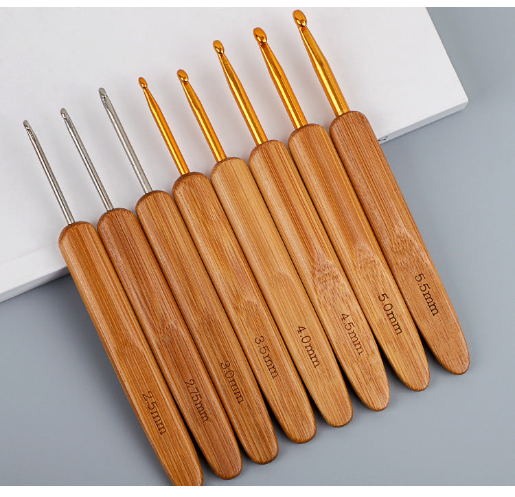 Full Set of Bamboo Handle Crochet Hooks, Bamboo Crochet Yarn Hooks, Handmade Knitting Tools, Sweater Needles, Round Head Carbonized Crochet Set