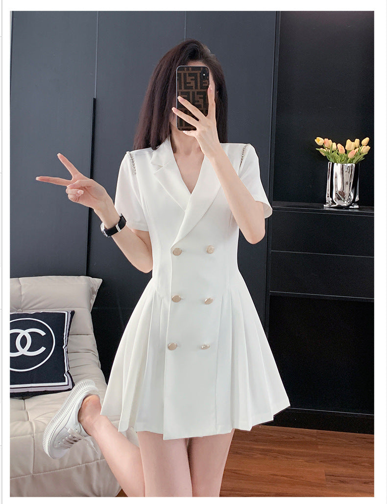 French Hepburn Style Small Black Dress High Sense High Cold Royal Sister Fried Street Small Fragrance Style Pleated Professional Suit dress Summer