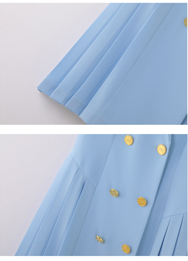 Spring and summer blue short-sleeved dress women's 2025 high-grade double-breasted professional suit collar mid-length skirt