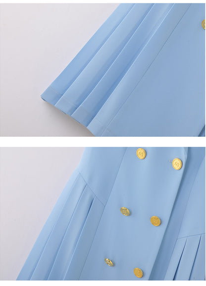 Spring and summer blue short-sleeved dress women's 2025 high-grade double-breasted professional suit collar mid-length skirt
