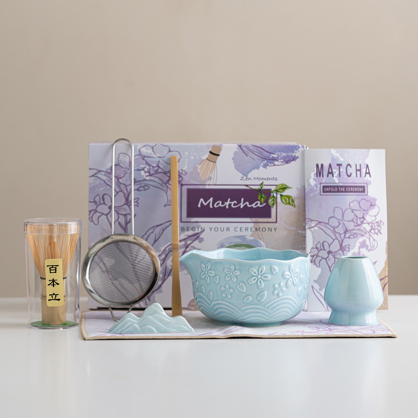 Directly Supplied from the Manufacturer, Exclusively for Cross-Border Trade, Ceramic Matcha Bowl Set with Embossed Cherry Blossom Design, 7-Piece Set with Spout, High Aesthetic Value, Color Box Packaging