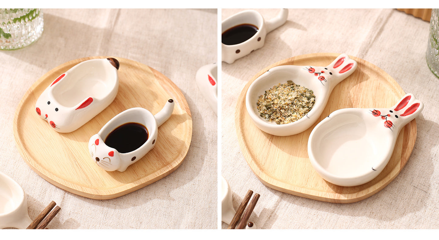 Creative Cartoon-Style Ceramic Dish with Chopstick Holder, Small Household Dish, Seasoning Dish, Hot Pot Dipping Dish, Condiment Dish