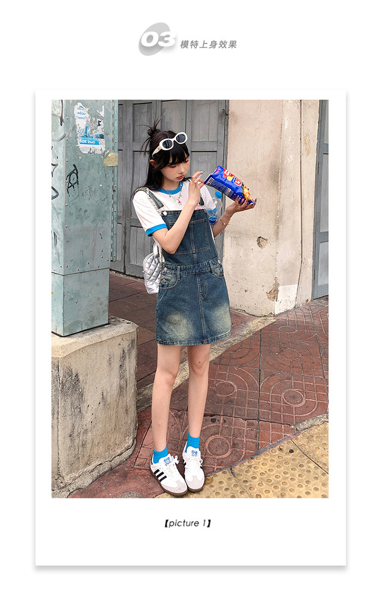 YC & American Retro Sweet Girl Strap Skirt A- line Skirt Slimming Joker dress Denim Skirt Spring and Summer