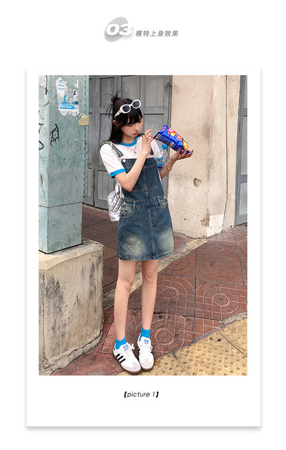YC & American Retro Sweet Girl Strap Skirt A- line Skirt Slimming Joker dress Denim Skirt Spring and Summer