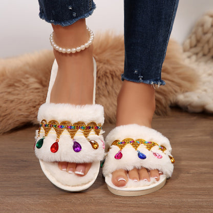 Thick-Soled Furry Slippers for Women in Autumn and Winter Indoor and Outdoor 2025 New Tassel Rhinestone Plush Slippers One-Line Cotton Slippers for Women