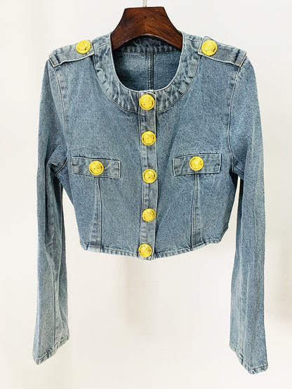 In Stock 2026 European and American Celebrity Style New Round-Neck Lion Buckle Ultra-Short Washed Denim Jacket