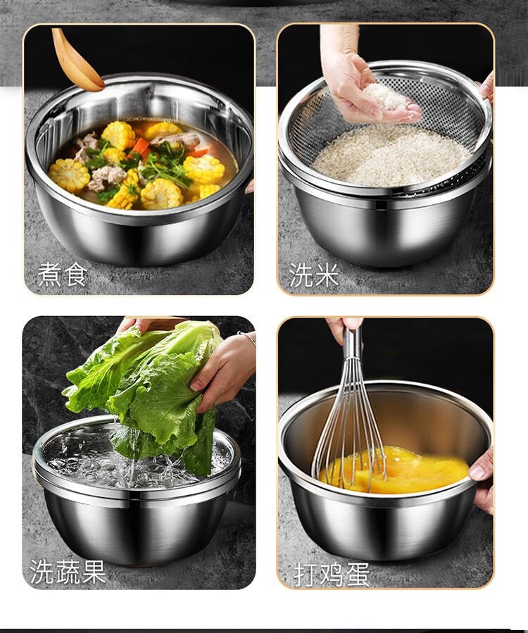 304 Stainless Steel Basin Drain Basket Vegetable Basket Household Rice Washing Sieve Thickeneded Cooking Basin and Basin Vegetable Basin Wholesale