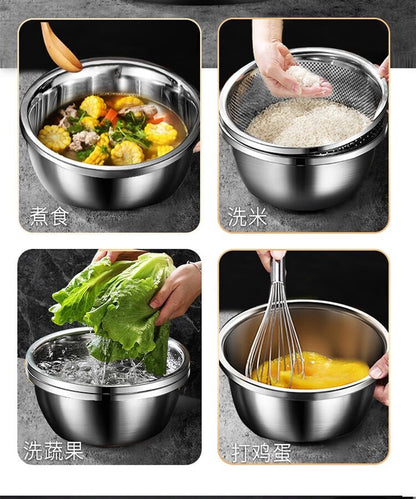 304 Stainless Steel Basin Drain Basket Vegetable Basket Household Rice Washing Sieve Thickeneded Cooking Basin and Basin Vegetable Basin Wholesale