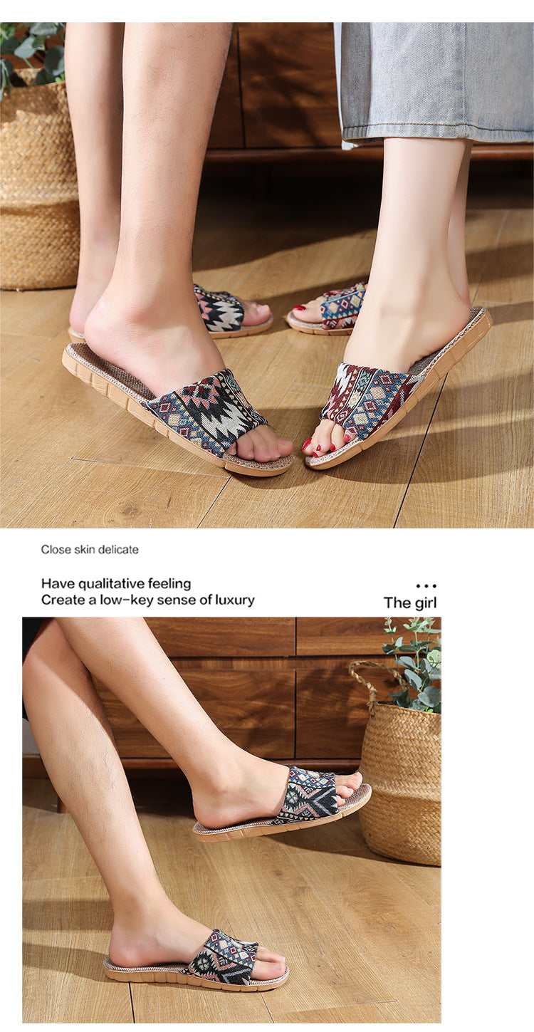 Four Seasons Home Linen Slippers Fashion Printed Thick Sole Non-Slip Sweat-Absorbent Wear-Resistant Large Sole Couple Linen Slippers Ethnic Style