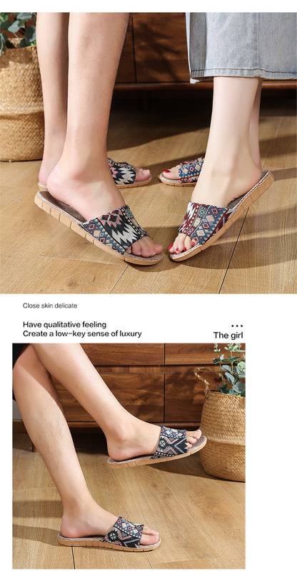 Four Seasons Home Linen Slippers Fashion Printed Thick Sole Non-Slip Sweat-Absorbent Wear-Resistant Large Sole Couple Linen Slippers Ethnic Style