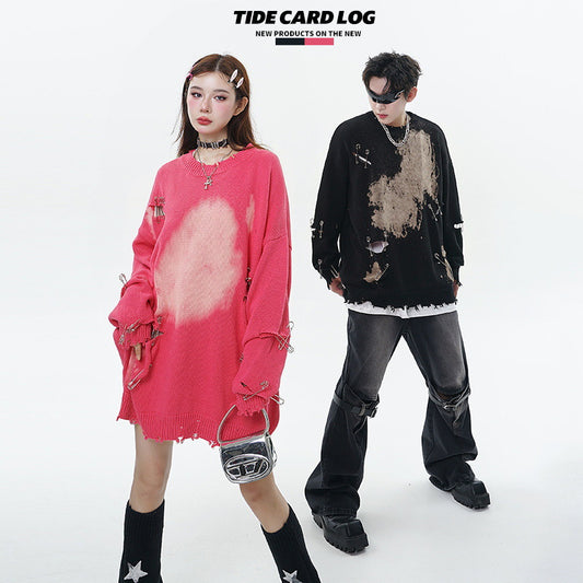TIDE CARD LOG | Autumn and winter high street fashionable design faded pin ripped couple round neck loose sweater by PDG ibma