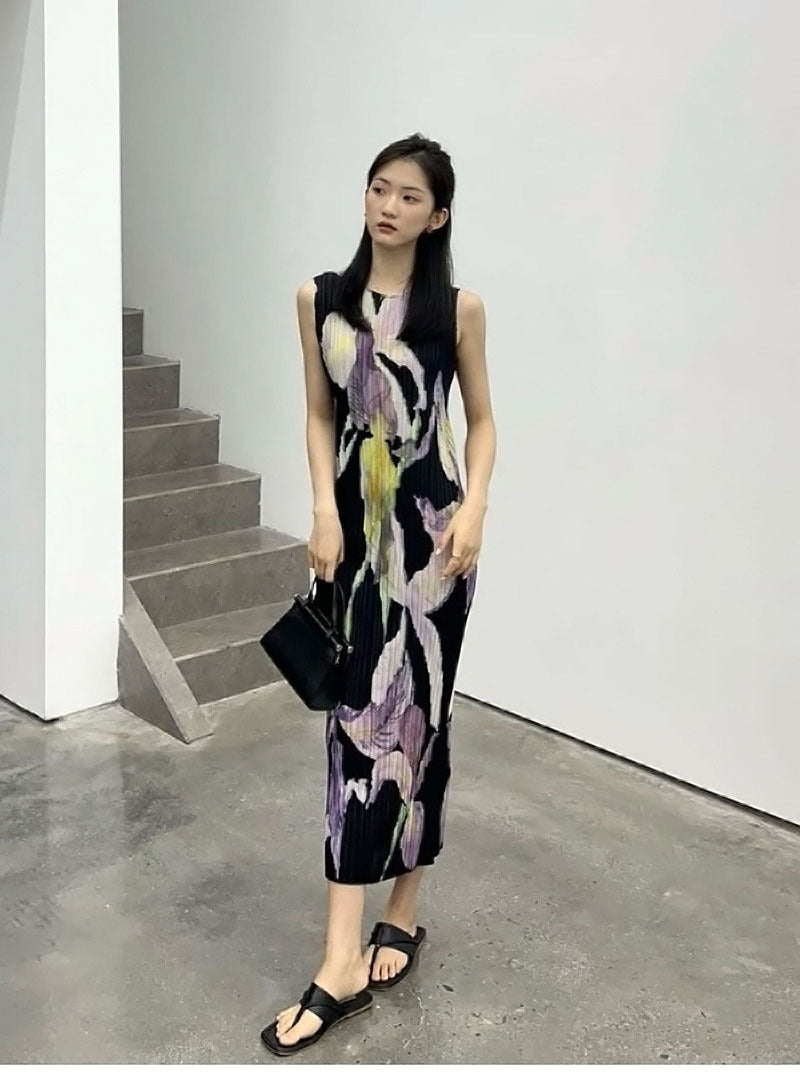 In Stock Miyake Dress Printed Elegant Elegant High-End Loose Slimming Look Elegant Round Neck Sleeveless Pleated Skirt
