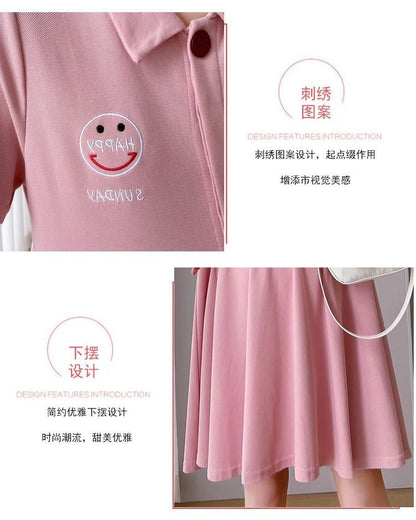 Pregnant Women's Dress Women's Summer Trendy Mom Thin Short-sleeved Top Pink Polo Collar Fashion Nursing Summer Dress