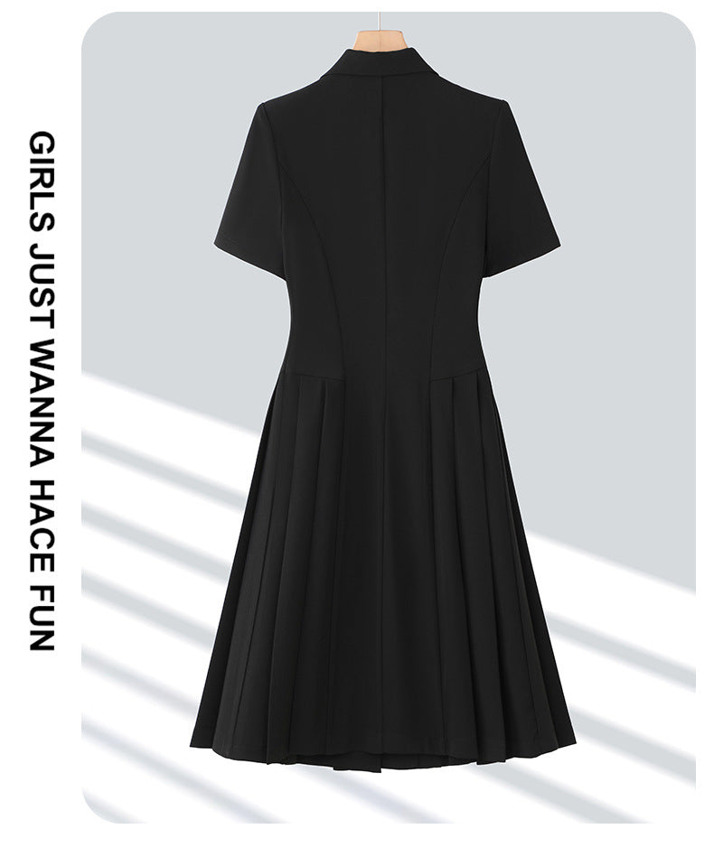 Spring and summer blue short-sleeved dress women's 2025 high-grade double-breasted professional suit collar mid-length skirt