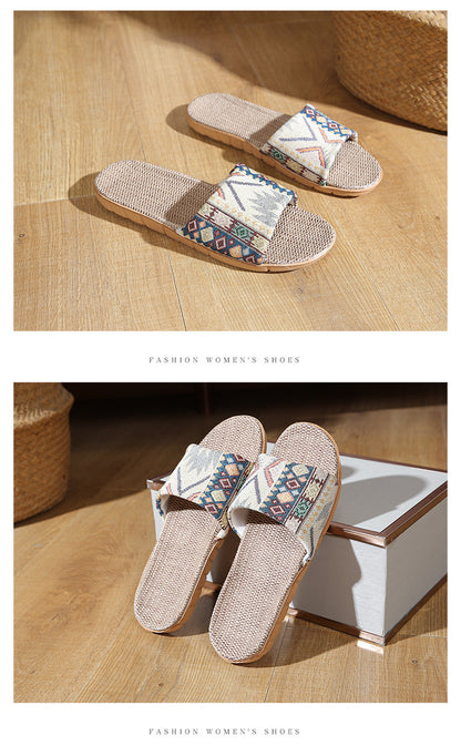 Four Seasons Home Linen Slippers Fashion Printed Thick Sole Non-Slip Sweat-Absorbent Wear-Resistant Large Sole Couple Linen Slippers Ethnic Style