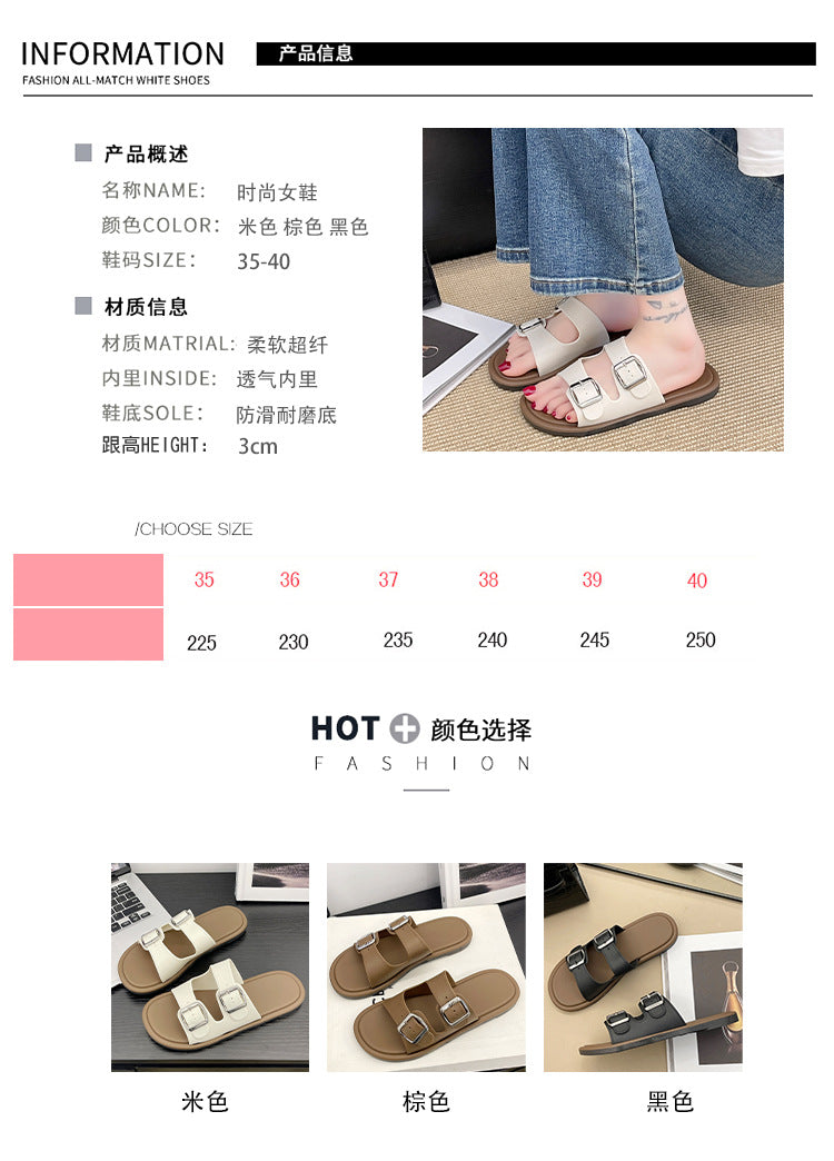 Cross-Border Slippers for Women Summer Flat-Soled Double-Strap Double-Buckle Slippers Southeast Asia New Foreign Trade Fashion Outer Wear Beach Sandals