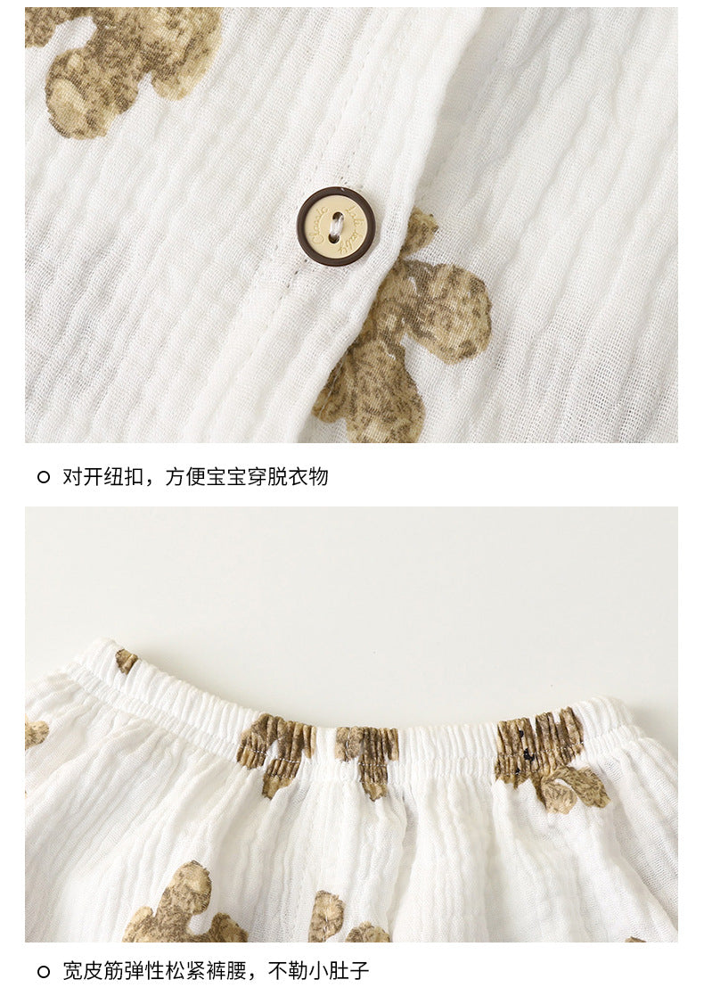 Children's Thin Double-Layer Gauze Pajamas Two-Piece Set Summer Girls Home Clothes Baby Boy Long-Sleeved Bloomers Set