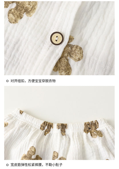 Children's Thin Double-Layer Gauze Pajamas Two-Piece Set Summer Girls Home Clothes Baby Boy Long-Sleeved Bloomers Set