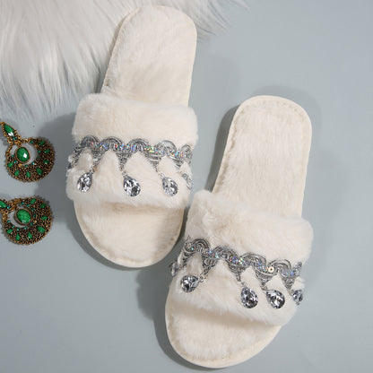 Thick-Soled Furry Slippers for Women in Autumn and Winter Indoor and Outdoor 2025 New Tassel Rhinestone Plush Slippers One-Line Cotton Slippers for Women