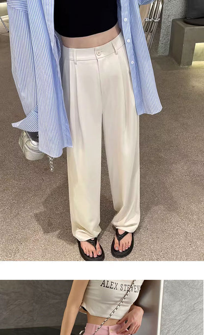 Gray Suit Pants for Women Spring and Summer New High-Waisted Double Pleated Slim Floor-Length Trousers Casual Straight Wide-Leg Pants