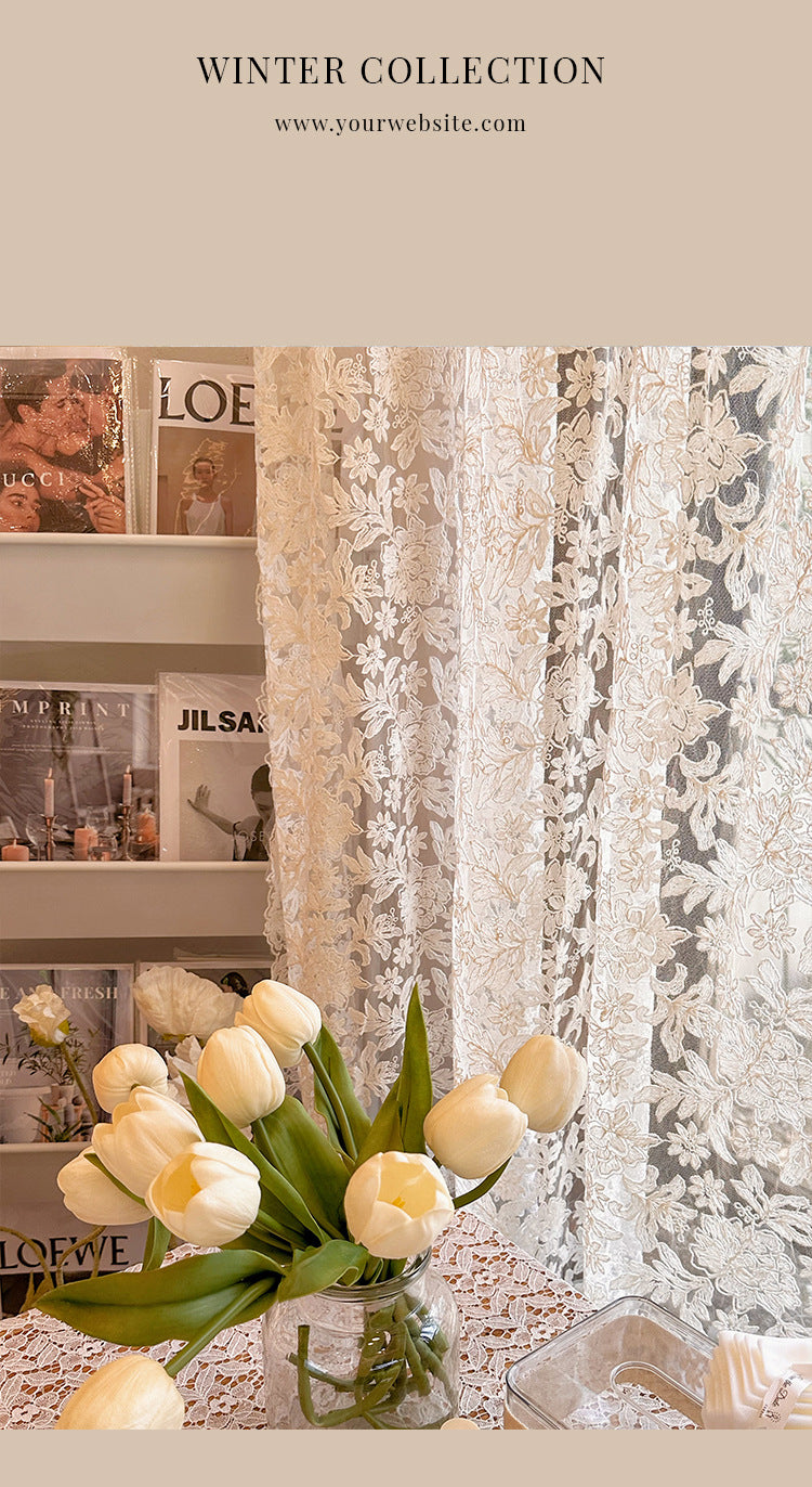 French-Style Retro Palace Lace Embroidery Cream Sheer Curtain for Bay Window, Light-Transmitting, No-Drill Partition Half Curtain Door Curtain