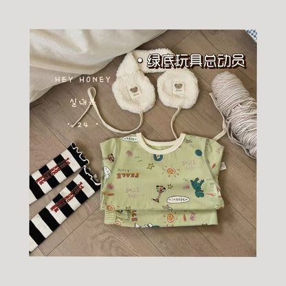 Spot Large and Small Roll Heyhoney24 Lycra Cotton Boys and Girls Autumn Clothes Intimates Printed Home Clothes Pajamas Two-Piece Set