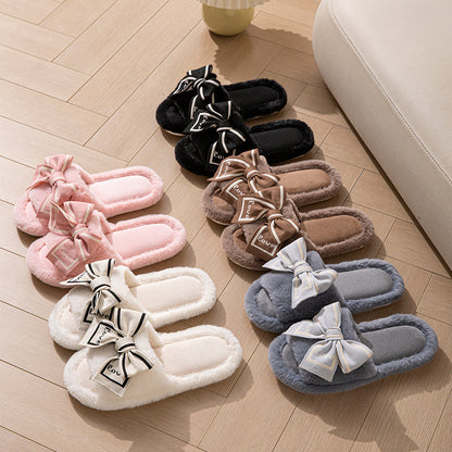 Foreign Trade Cross-Border Open-Toe Furry Bow Women's Indoor Home Wooden Floor Four-Season Furry Slippers