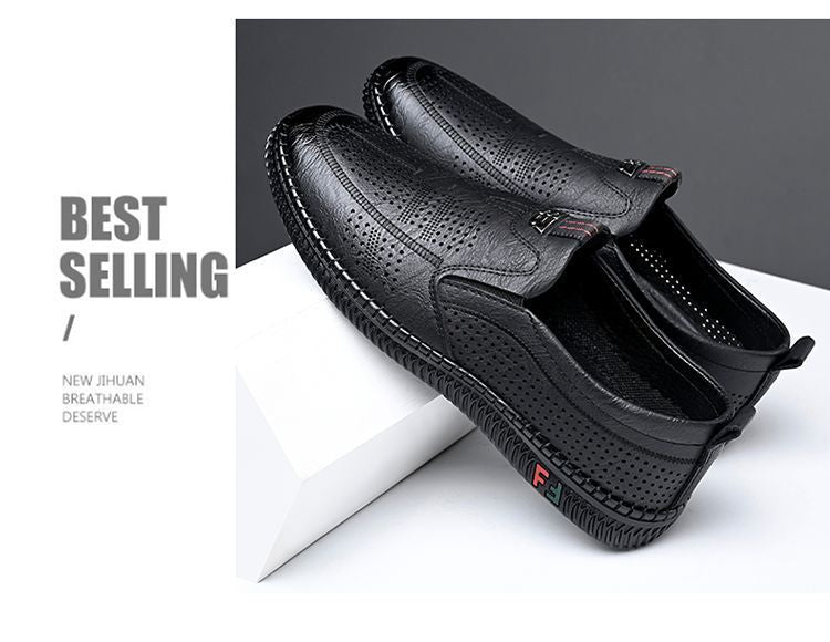 [Broken Size Processing] Leather Shoes Men's Genuine Leather Hole Shoes Dad Shoes Summer Soft Bottom Breathable Lazy Bean Shoes
