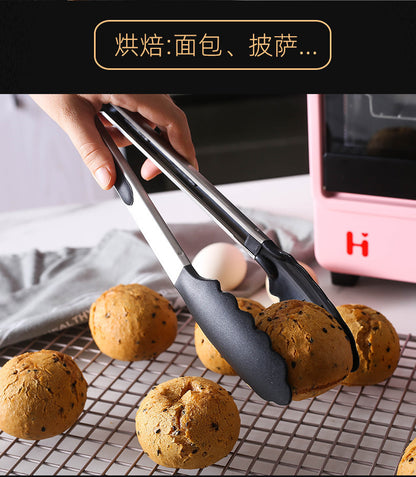 Cross-Border Black Silicone Clips, High Temperature Resistant Kitchen Food Frying Stainless Steel Fried Steak Clips, Special Food Clips for Cooking