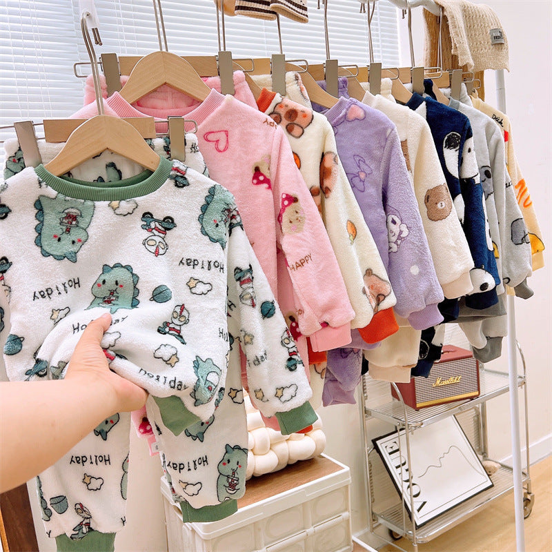 Men's and Women's Flannel Pajamas suit Autumn and Winter Middle and Big Children's Warm fleece-lined Thickened Autumn Clothes and Pants Home Clothes