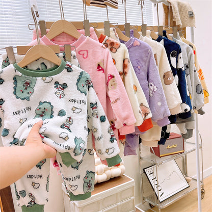 Men's and Women's Flannel Pajamas suit Autumn and Winter Middle and Big Children's Warm fleece-lined Thickened Autumn Clothes and Pants Home Clothes