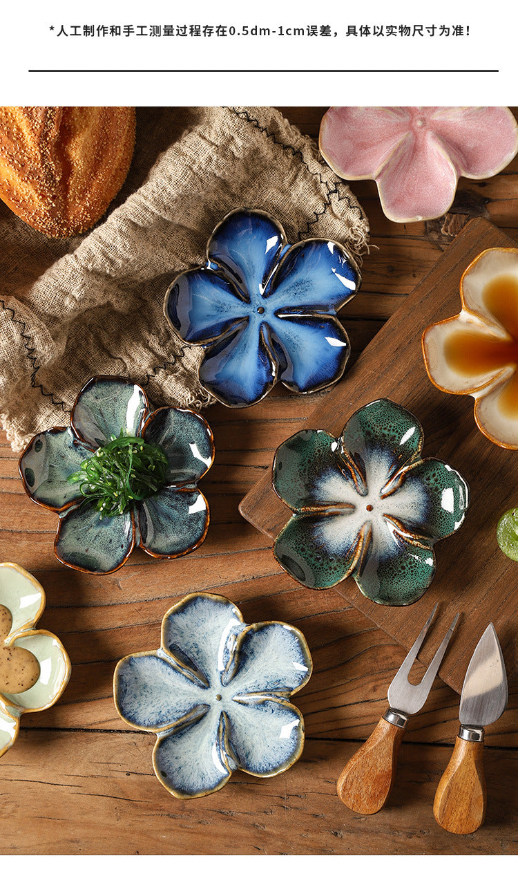 Retro Japanese Ceramic Plate Flower-Shaped Small Plate Creative Flavor Plate Dipping Plate Small Dish Multi-Color Kiln-Turned Plate
