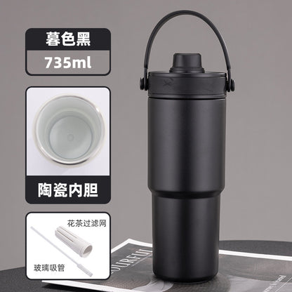 Cross-border high-value 316 stainless steel thermos cup large-capacity double-drink ceramic liner car cup portable handle cup