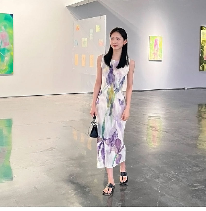In Stock Miyake Dress Printed Elegant Elegant High-End Loose Slimming Look Elegant Round Neck Sleeveless Pleated Skirt