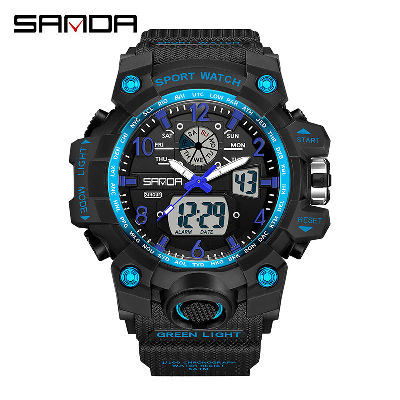 Sanda Hot-Selling Watch Korean Version Student Party Multi-Functional Waterproof Alarm Clock Electronic Watch Cool Dual Display Luminous Sports Watch by PDG ibma