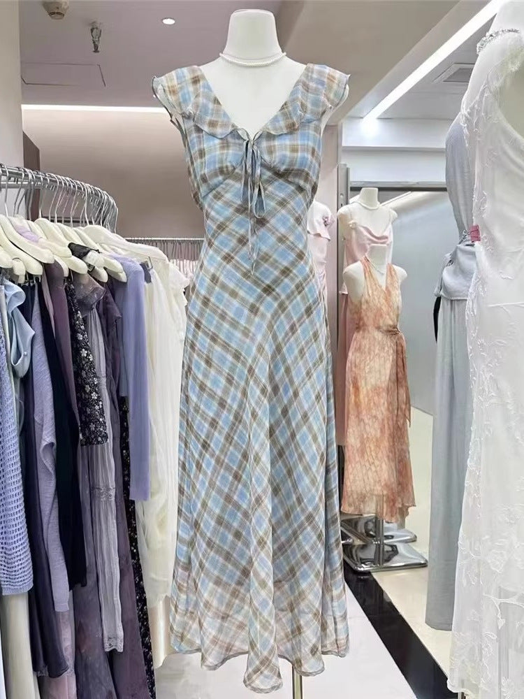 Fashion New Summer French Elegant Temperament Gentle Ruffled Plaid Dress Women's Summer Slimming Age-Reducing Long Dress