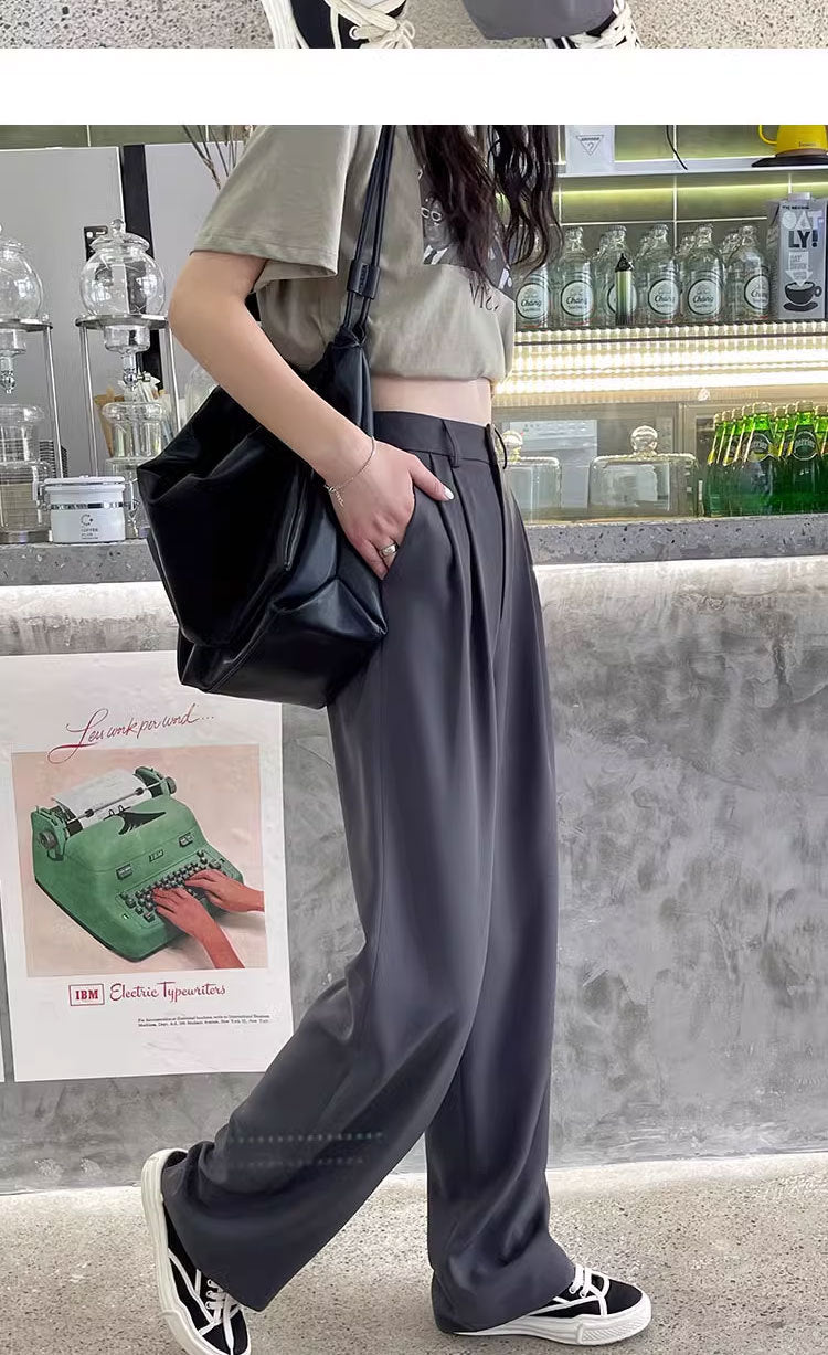 Gray Suit Pants for Women Spring and Summer New High-Waisted Double Pleated Slim Floor-Length Trousers Casual Straight Wide-Leg Pants