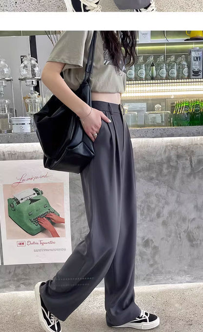 Gray Suit Pants for Women Spring and Summer New High-Waisted Double Pleated Slim Floor-Length Trousers Casual Straight Wide-Leg Pants