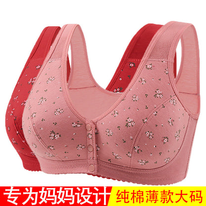 Front Button Middle-Aged and Elderly Large Size Push-Up Bra Thin Underwear Women's Soft Cotton Printed Wire-Free Vest Style Underwear