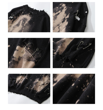 TIDE CARD LOG | Autumn and winter high street fashionable design faded pin ripped couple round neck loose sweater