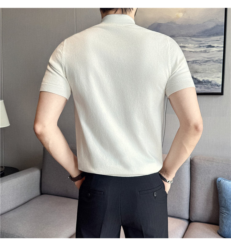 Tiktok Taobao Dropshipping Men's Short-Sleeve Knitwear, Fashionable Versatile Half-Turtleneck Slim-Fit Half-Sleeve Sweater Base Shirt
