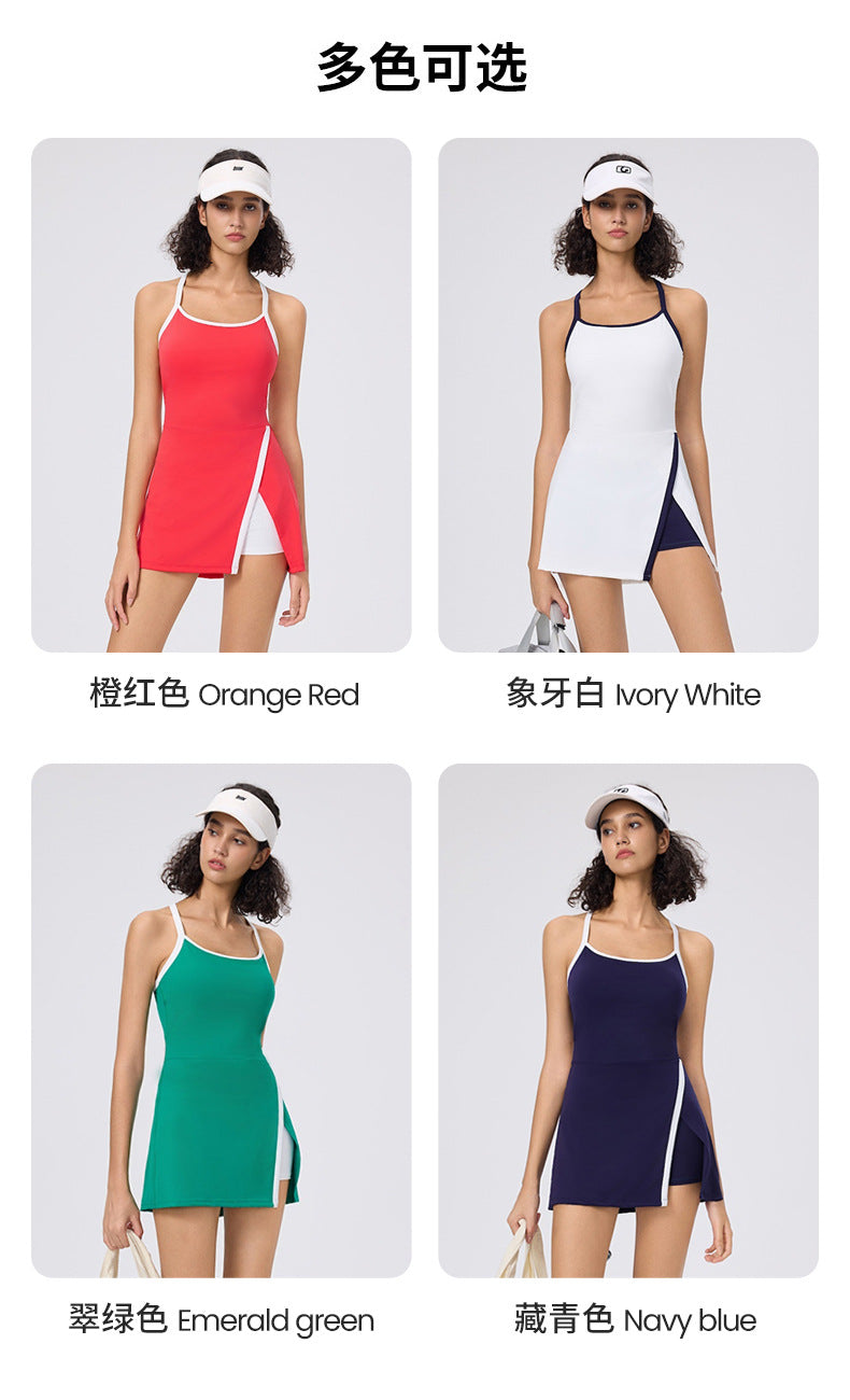Summer Halter Neck Casual Skin-Friendly Golf Tennis Dress for Women with Built-In Leggings and Tight Fit Pickleball Skirt
