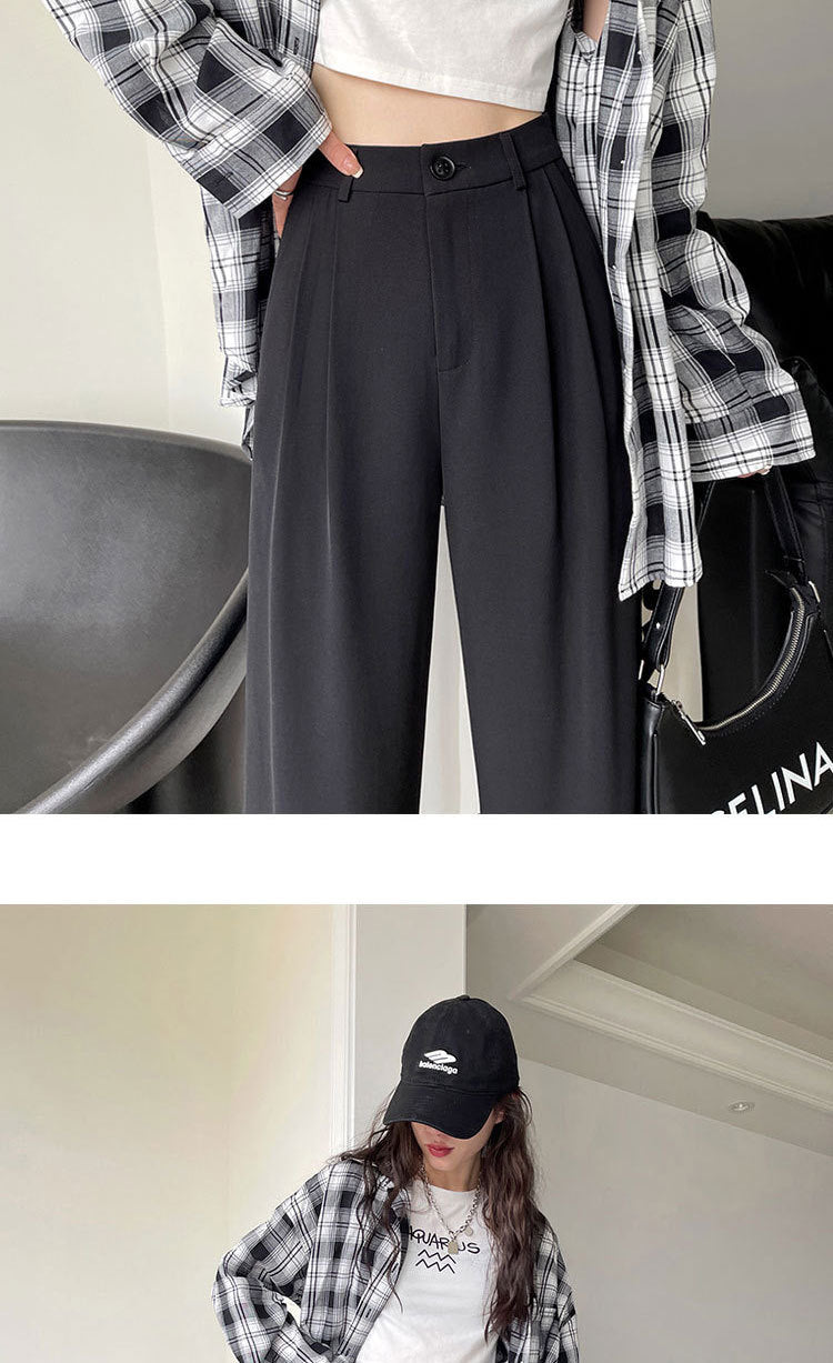Gray Suit Pants for Women Spring and Summer New High-Waisted Double Pleated Slim Floor-Length Trousers Casual Straight Wide-Leg Pants