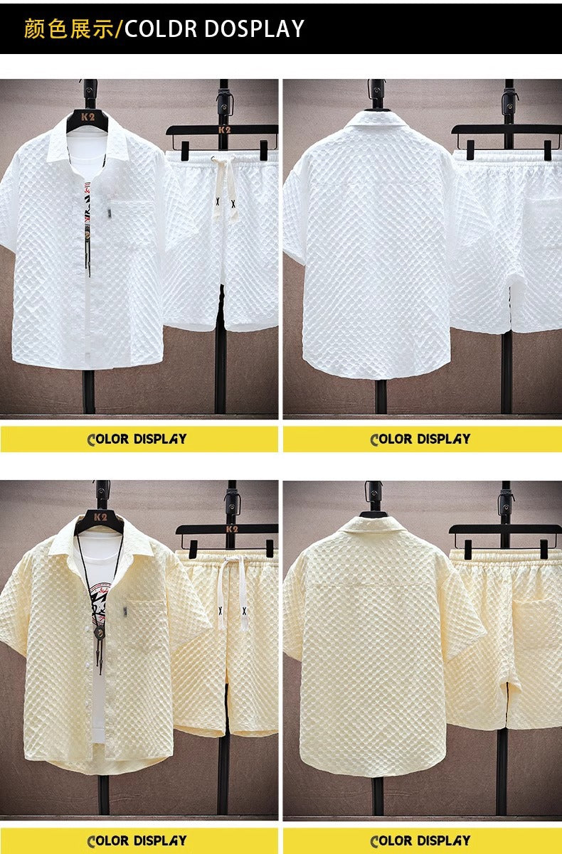 Thin sports leisure two-piece 2024 summer ice silk suit men's ruffian handsome fashion short sleeve shirt shorts set