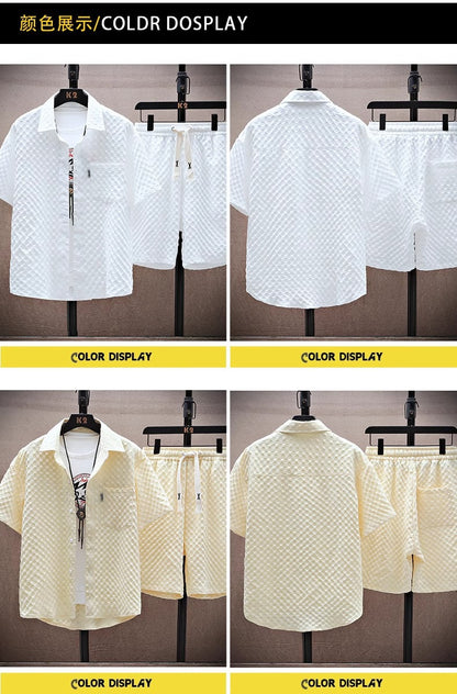 Thin sports leisure two-piece 2024 summer ice silk suit men's ruffian handsome fashion short sleeve shirt shorts set